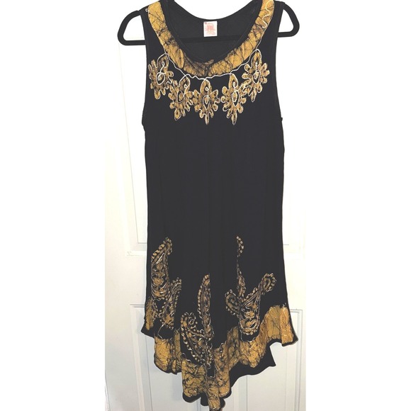 ANJLI Tops - ANJLI Black Gold Batik Paisley Tunic Dress Womens Medium Boho Sleeveless Flowy